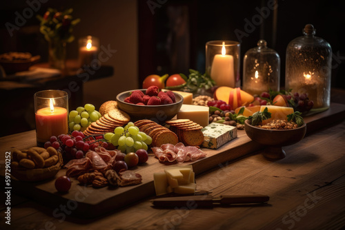 Tantalizing shot of artisanal charcuterie board on wooden table  topped with variety of meats  cheese  fruits  nuts  bread  and crackers. Candles in background add to ambience. Generative Ai