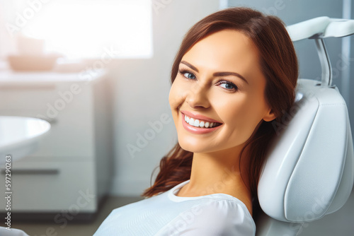 Dental treatment. Close up of female at dentist office, getting check up. Generative AI