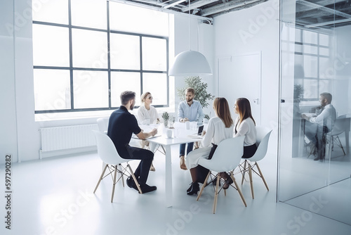 Start up meeting in ultra modern white bright office. Group of young entrepreneurs in a business meeting. Generative AI © VisualProduction