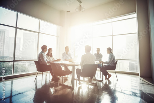 Start up meeting in ultra modern white bright office. Group of young entrepreneurs in a business meeting. Generative AI