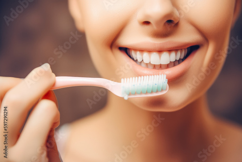Woman smiling and holding toothbrush near teeth. Health care  personal hygiene  brushing teeth. Generative AI