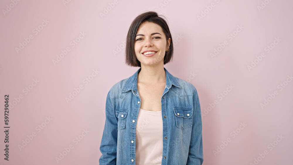 Young caucasian woman smiling confident over isolated pink background Young caucasian woman smiling confident over isolated pink background