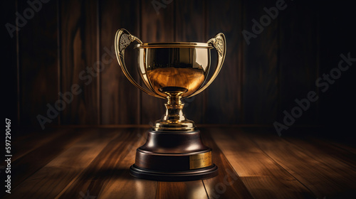 Image of gold trophy over wooden table and dark background, with abstract shiny lights, generative ai