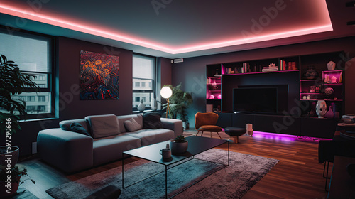 Interior of stylish living room with neon lighting  generative ai