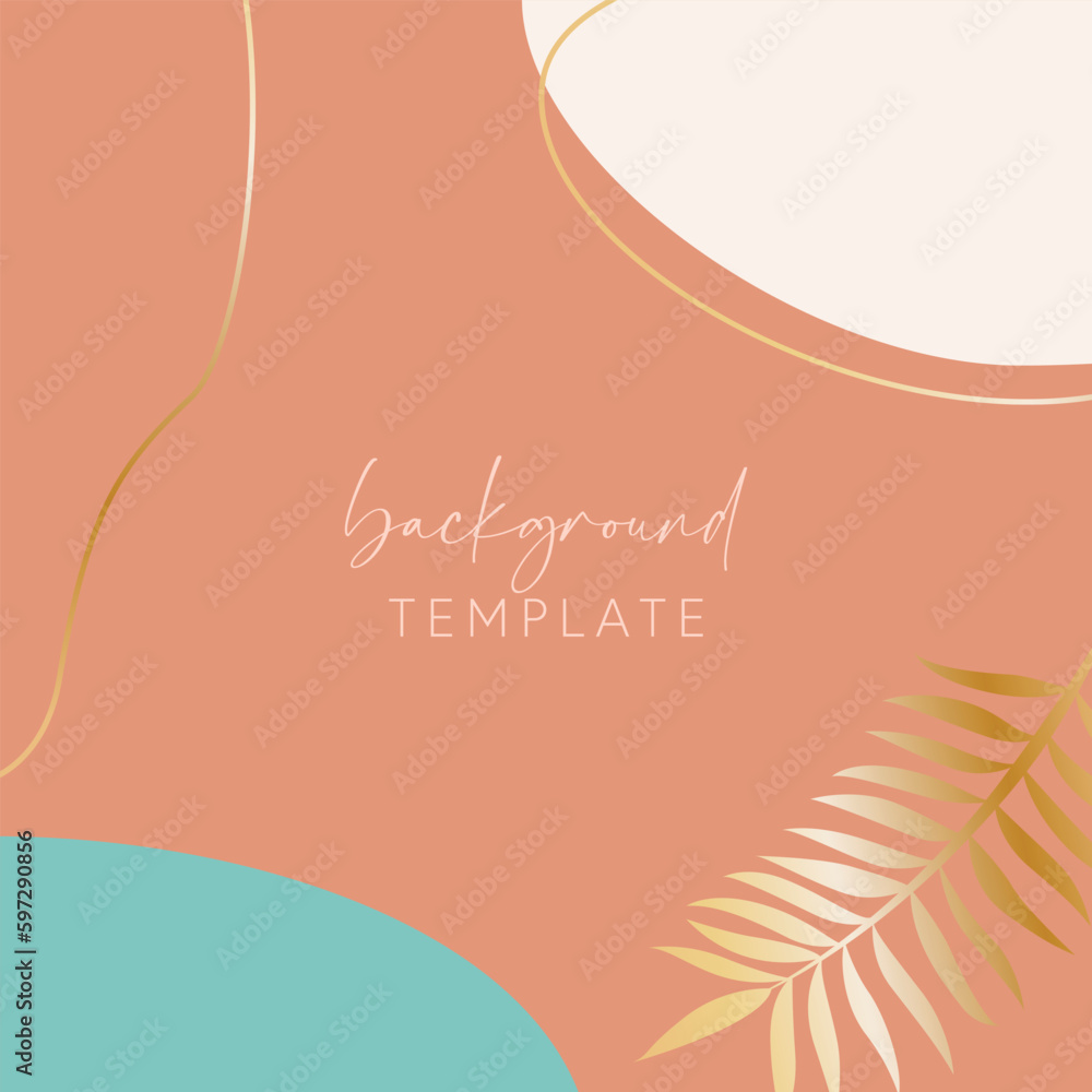 Abstract background vector template with geometric shapes and tropical leaves branch. Good for social media posts, mobile apps, banner designs, online promotions and adverts. Tropic vector background.