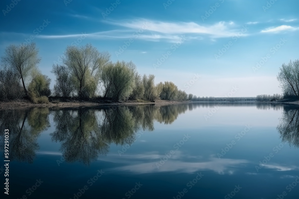 A scene in which the entire light blue sky is reflected in the water. AI generative