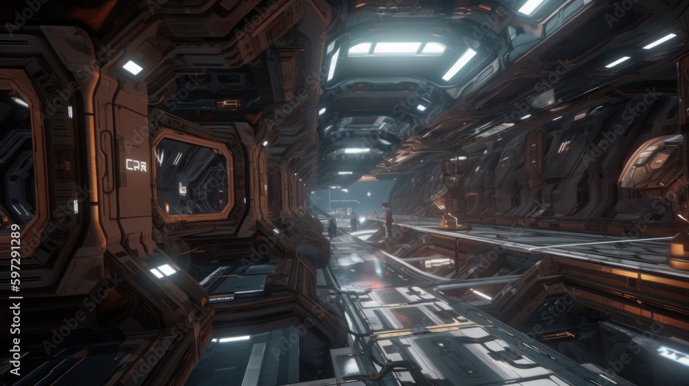 Create a sci-fi space station with sleek technology and high-tech weaponry Create a sci-fi space station with sleek technology and high-tech weaponry