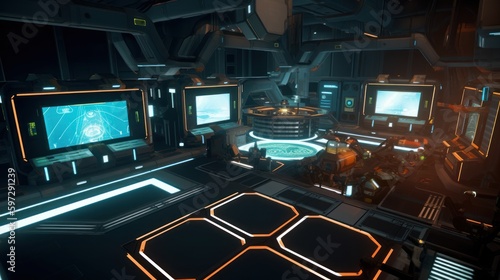 Create a sci-fi space station with sleek technology and high-tech weaponry