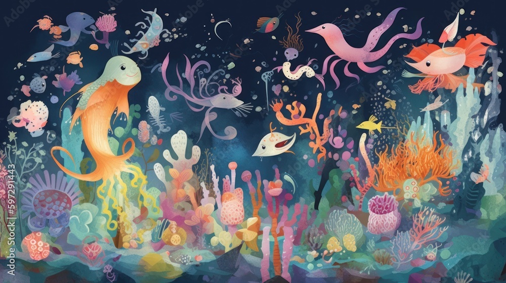 Whimsical underwater world inhabited by mermaids and sea creatures ...