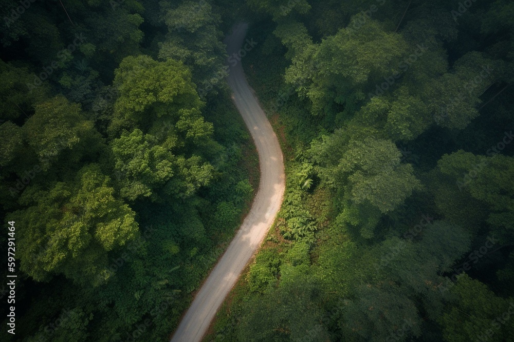 Scenic forest roadway with heart-shaped symbol captures love and unity during Valentine's Day travel. Ariel drone driving. Generative AI
