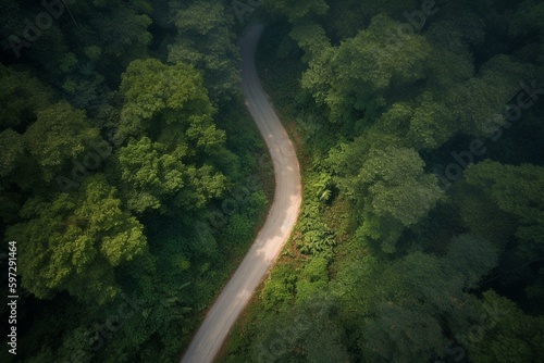 Scenic forest roadway with heart-shaped symbol captures love and unity during Valentine's Day travel. Ariel drone driving. Generative AI