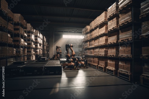 Autonomous robot stacks cartons and pallets in warehouse. Generative AI