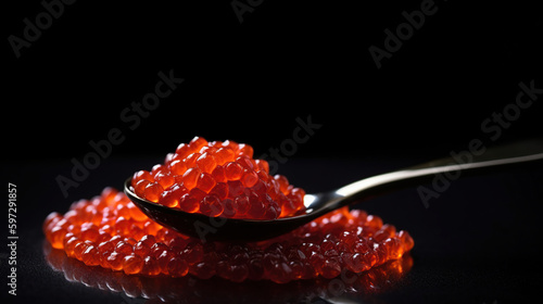 Red Caviar in a spoon. Caviar in bowl over black background. Close-up salmon caviar. Delicatessen. Gourmet food. Texture of caviar. Seafood isolated on black, generative ai