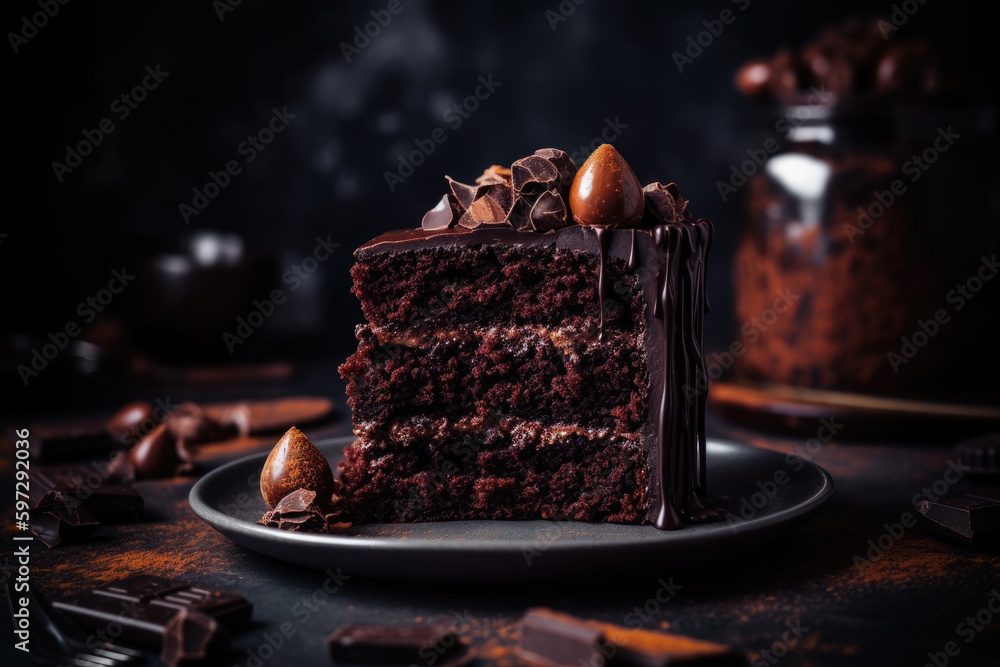 A decadent slice of chocolate cake with a moist crumbly texture on a plate. Generative Ai