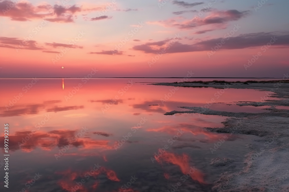 A scene in which the entire pink sky is reflected in the water. AI generative A scene in which the entire pink sky is reflected in the water. AI generative