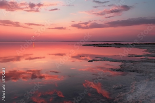 A scene in which the entire pink sky is reflected in the water. AI generative