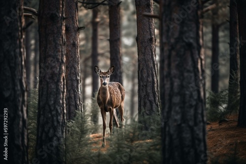A deer among the pine trees. Generative AI
