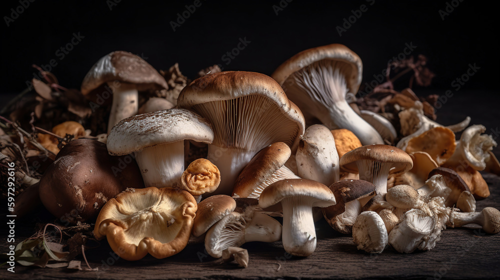 Variety of uncooked wild forest mushrooms on the table, black background. Generative ai Variety of uncooked wild forest mushrooms on the table, black background. Generative ai