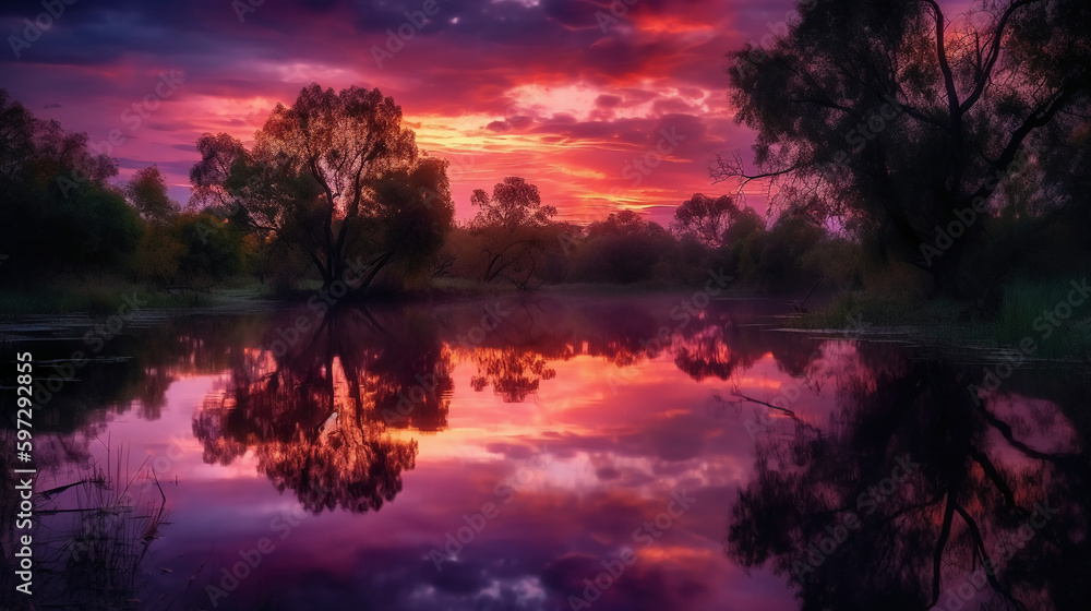 A scene in which the entire pink sky is reflected in the water. AI generative A scene in which the entire pink sky is reflected in the water. AI generative