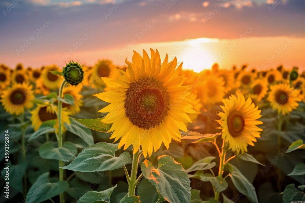 Obraz premium Sunflower field and golden hour sky, Generative AI