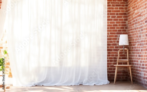 Blowing white sheer curtain, wooden window with stool in empty luxury brick brown wall room in sunlight, leaf shadow for interior design decoration (Generative AI)