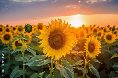 Sunflower field and golden hour sky, Generative AI