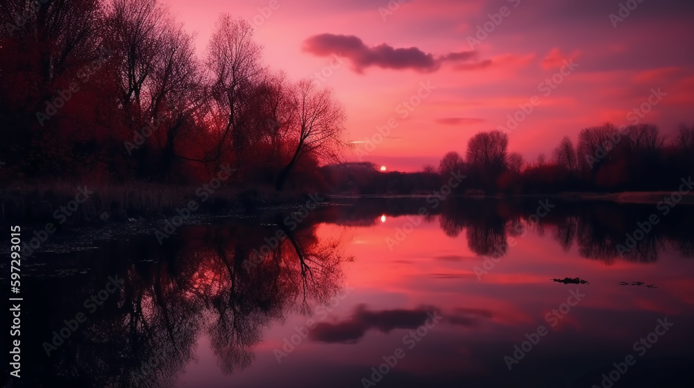 A scene in which the entire pink sky is reflected in the water. AI generative