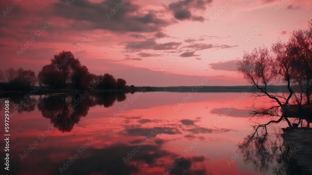 A scene in which the entire pink sky is reflected in the water. AI generative A scene in which the entire pink sky is reflected in the water. AI generative