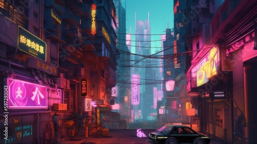 Design a cyberpunk city with neon lights  towering skyscrapers  and gritty alleyways