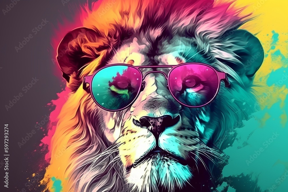 Colorful Pop Art Lion Wearing Sunglasses, Generative AI Colorful Pop Art Lion Wearing Sunglasses, Generative AI