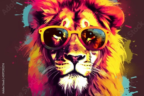 Colorful Pop Art Lion Wearing Sunglasses, Generative AI © avrezn
