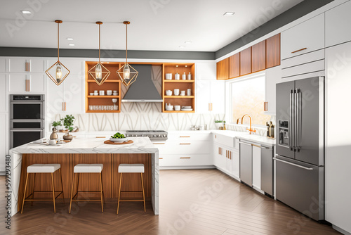 Luxury stylish modern large kitchen interior with furniture and kitchen utensils in an apartment home.