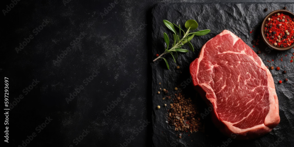 Raw steak on a slate background in bottom left corner.