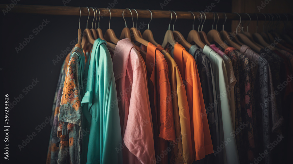 Choice of fashion clothes of different colors on wooden hangers, generative ai