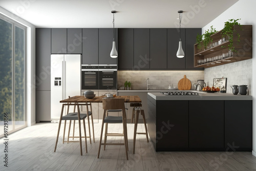 Luxury stylish modern large kitchen interior with furniture and kitchen utensils in an apartment home. © ThePixelCraft