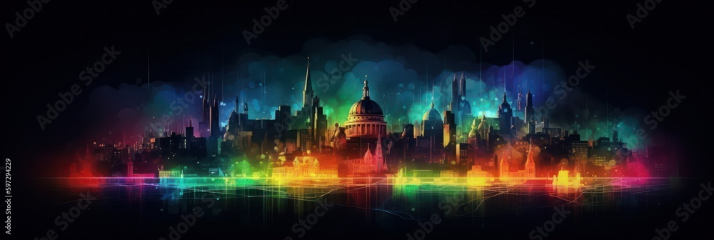 Obraz premium city embankment at night with skyscrapers illuminated over a river with reflections. Generative AI