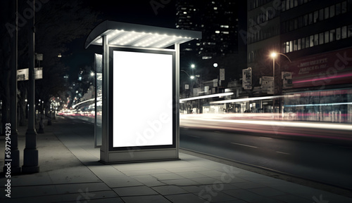 Empty space advertisement board, blank white signboard on roadside in city, Blank billboard mockup at road side in city in night, Display ad space for Marketing banner or posters at empty billboard 