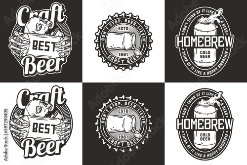 Beer set of designs with skull and metal can with foam splash. Skeleton with can in bone hand and bottle for brewery or bar. Craft beer vector logo or emblem for pub and store