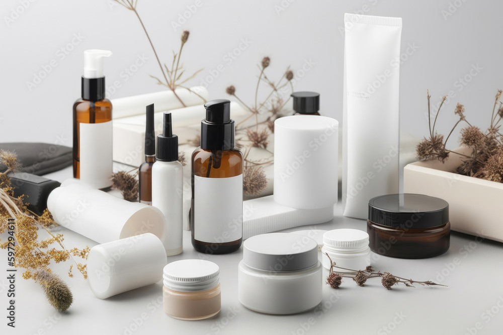 Minimalist corporate identity, and product packaging mockups for a natural cosmetics business. Generative AI