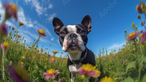 Generative Ai image of a cute boston terrier surrounded by a field of flowers