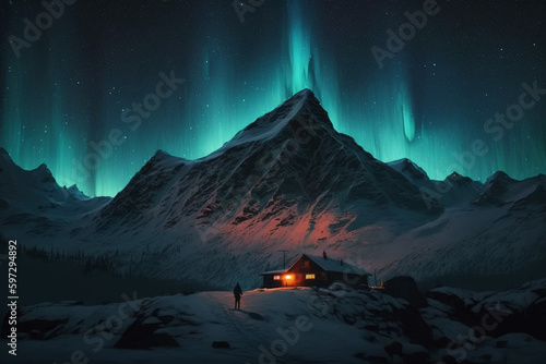 house in the mountains with northern lights in background made with generative ai