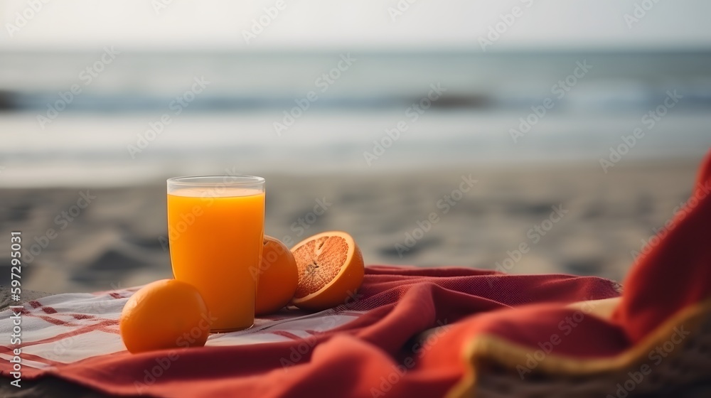 summer orange juice and towel of red on the beach