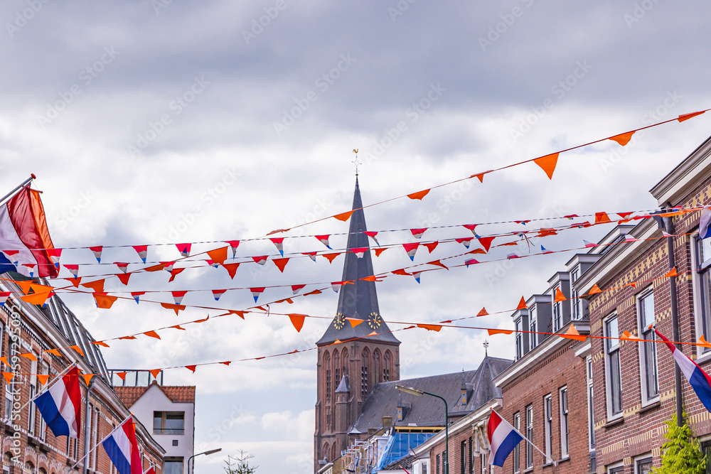 Flags and banners put up for the King's Day celebrations in Maarssen.