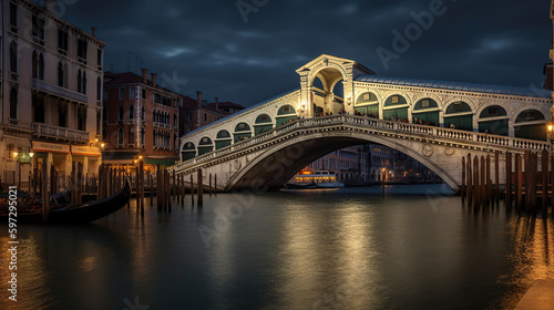 Rialto bridge, View of Venice Grand Canal with gandola. Architecture and landmarks of Venice. generative ai