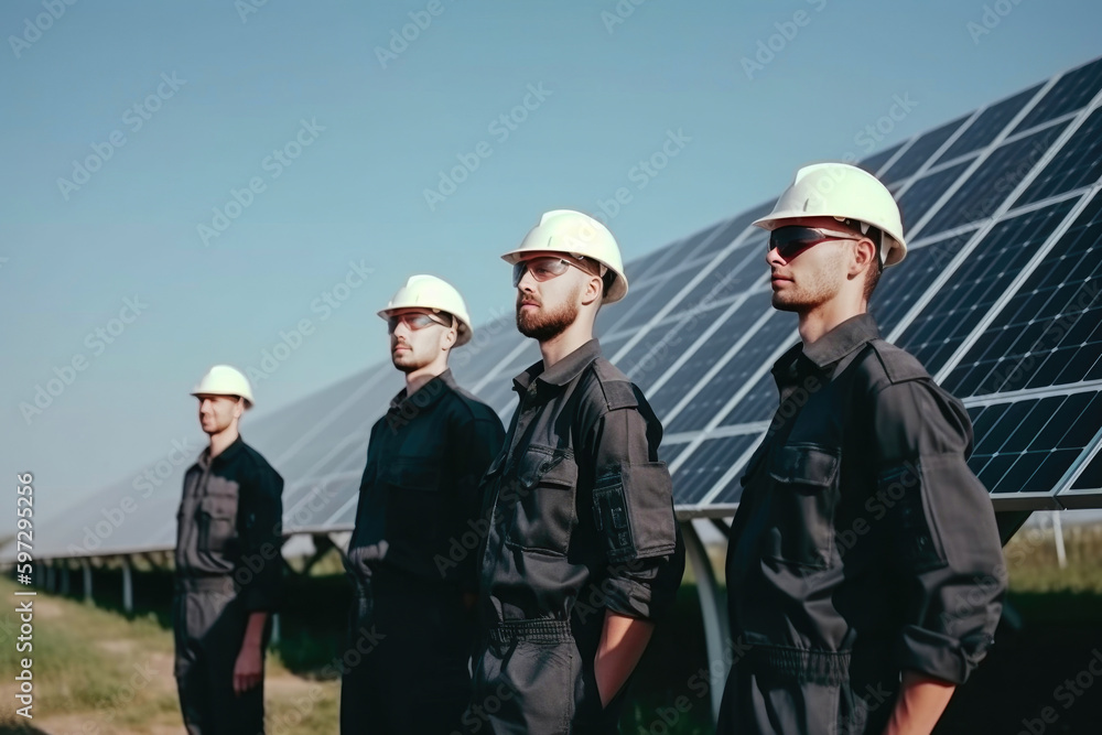 Portrait of male engineers standing near solar panels power plants. Generative AI Portrait of male engineers standing near solar panels power plants. Generative AI