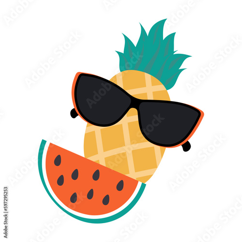 Summer set of watermelon slice and pineapple in dark sunglasses in trendy shades. Hello summer. EPS