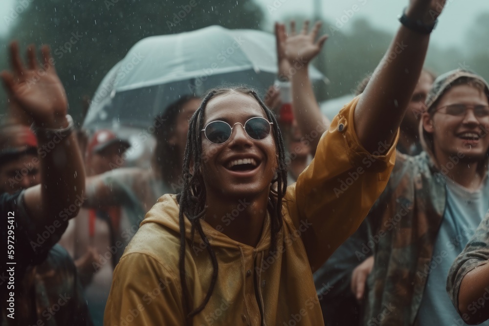 Beautiful young people dancing in the rain on a summer festival Generative AI