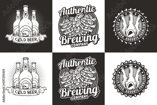 Beer set of emblems with skeleton and hop, bottle cap for brewery or bar. Craft beer vector logo for pub and factory