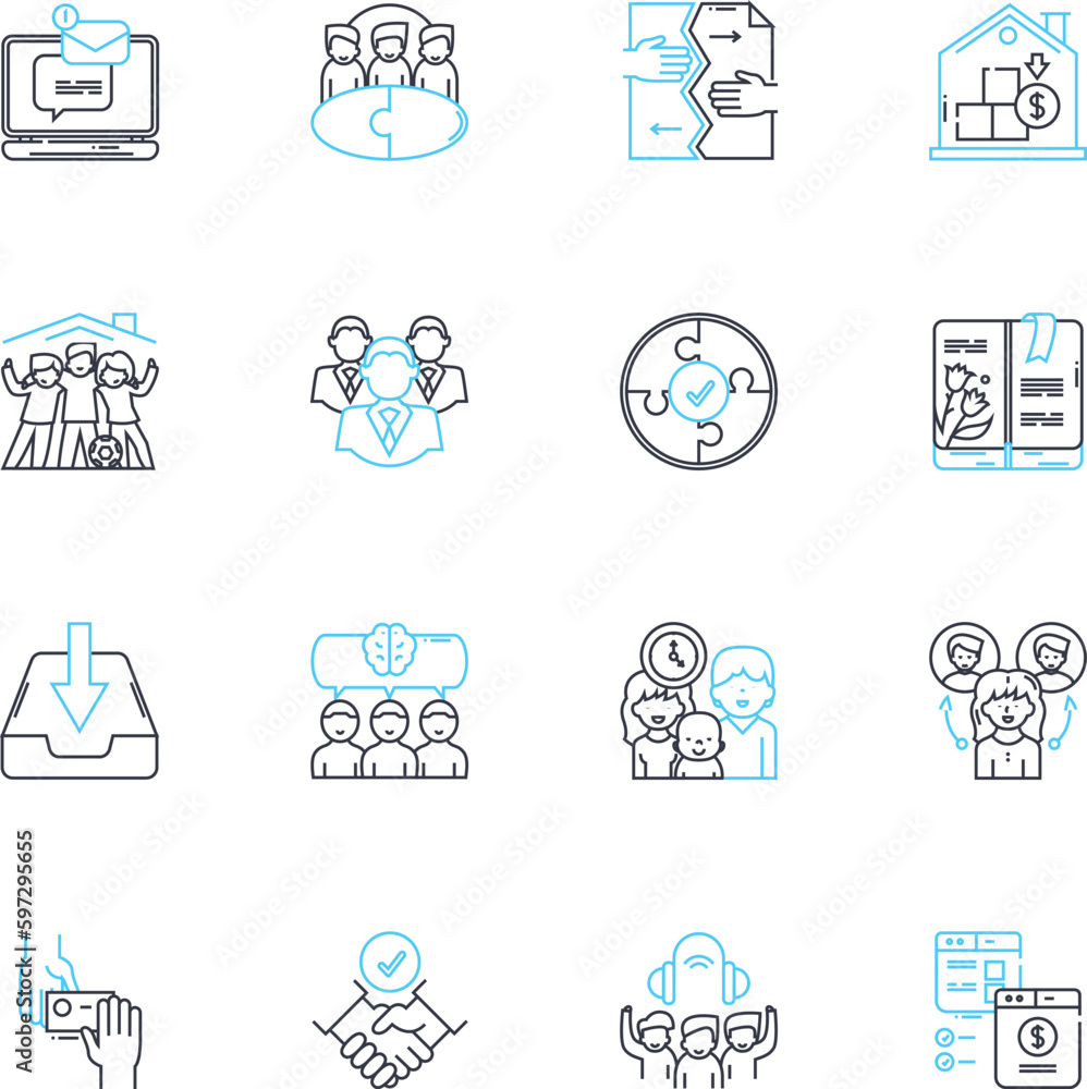 Desk area linear icons set. Workspace, Table, Computer, Statiry, Organization, Productivity, Efficiency line vector and concept signs. Neatness,Cleanliness,Minimalism outline illustrations