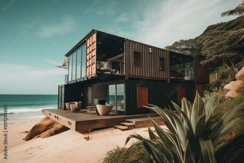 Tropical beach view of high-end shipping container home. Freelancer abode. Generative AI
